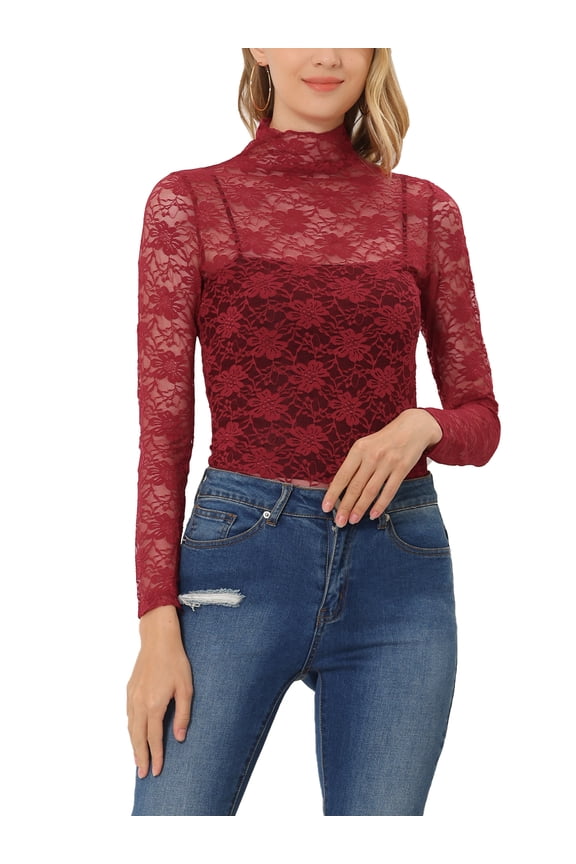 Juniors Elegant Turtleneck Long Sleeve Floral Lace Semi-Sheer Blouse