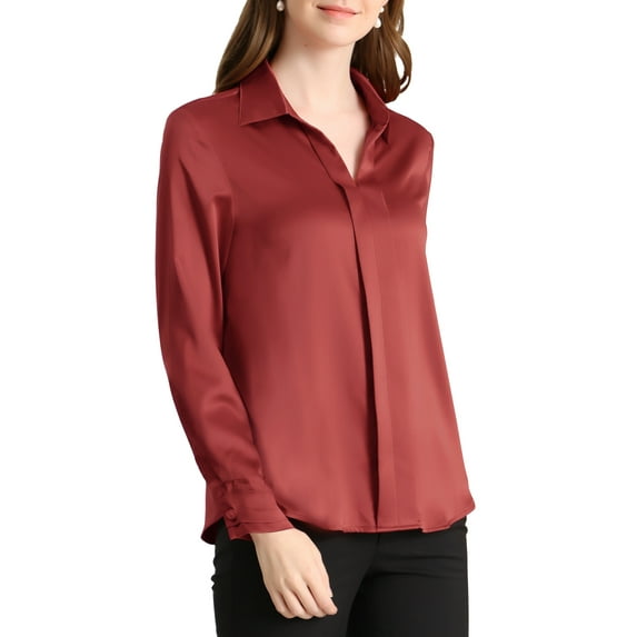 MODA NOVA Juniors Elegant V Neck Point Collar Long Sleeve Smooth Satin Blouse