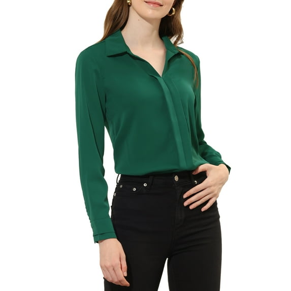 MODA NOVA Juniors Elegant V Neck Point Collar Long Sleeve Smooth Satin Blouse