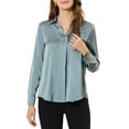 thumbnail image 1 of MODA NOVA Juniors Elegant V Neck Point Collar Long Sleeve Smooth Satin Blouse, 1 of 7