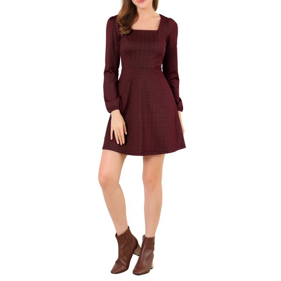 MODA NOVA Juniors Fall Square Neck Long Sleeves a-Line Plaids Dress