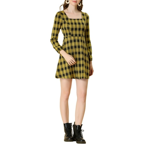 MODA NOVA Juniors Fall Square Neck Long Sleeves a-Line Plaids Dress