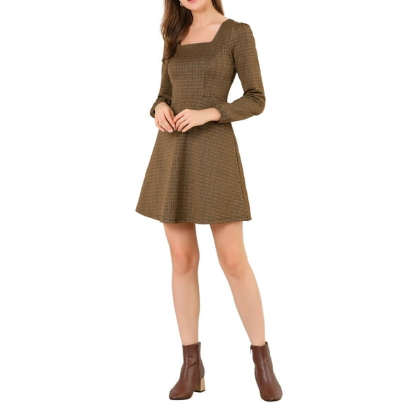MODA NOVA Juniors Fall Square Neck Long Sleeves a-Line Plaids Dress