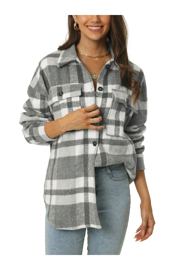Juniors Fall Winter Button Front Closure Long Sleeve Plaid Jacket with Pockets Black M