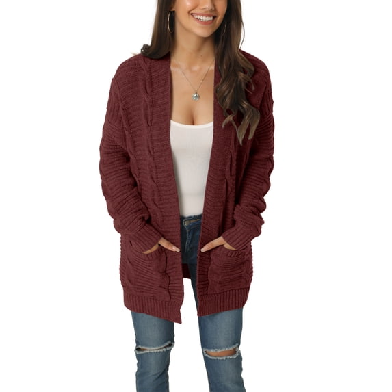 MODA NOVA Juniors Fall Winter Long Sleeve Cable Knit Open Front Sweater Cardigan with Pockets Wine Red S
