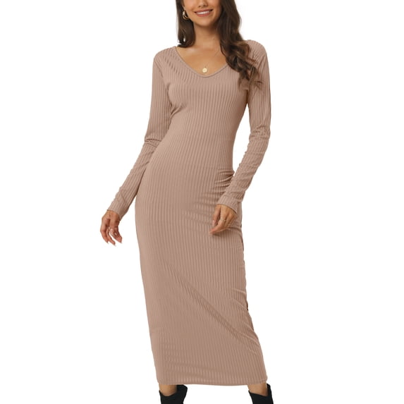 MODA NOVA Juniors Fall Winter V Neck Long Sleeve Slim Fit Casual Midi Dress