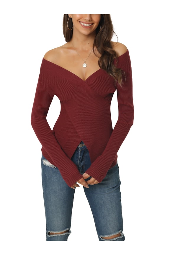 Juniors' Fall Winter V Neck Wrap Long Sleeve Casual Sweater Blouse