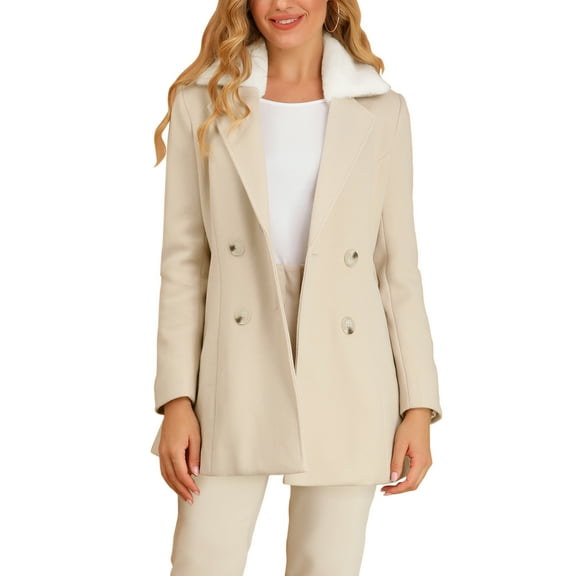 MODA NOVA Juniors Faux Fur Notched Lapel Double Breasted Mid Length Trench Coat Cream White L