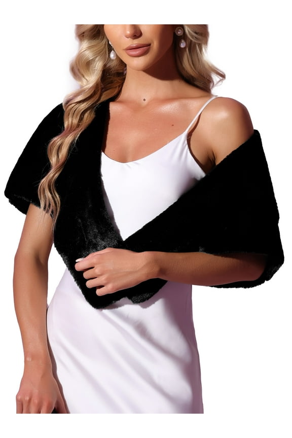 Juniors Faux Fur Shawl Stole Winter 1920s Bridal Wedding Wrap Black M
