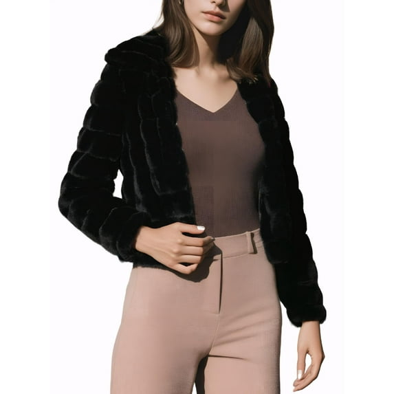 MODA NOVA Juniors Faux Fur Turn Down Collar Open Front Cropped Fluffy Jacket Black XS