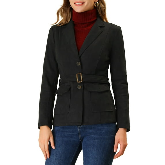 MODA NOVA Juniors Faux Suede Belted Long Sleeve Single Breasted Work Blazer Black XL