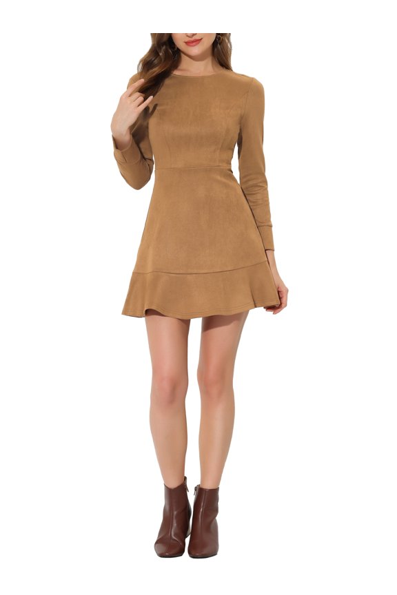 Juniors Faux Suede Crew Neck Long Sleeve Zipper Ruffled Hem Mini Dress
