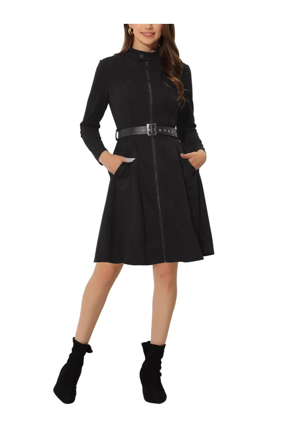 Juniors Faux Suede Dress Stand Collar Zip Up Belted Vintage Dresses