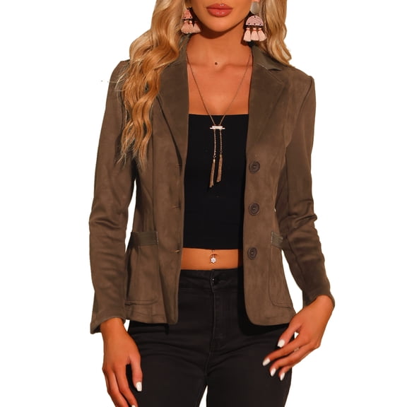 MODA NOVA Juniors Faux Suede Lapel Collar Button Down Long Sleeve Blazer Brown M