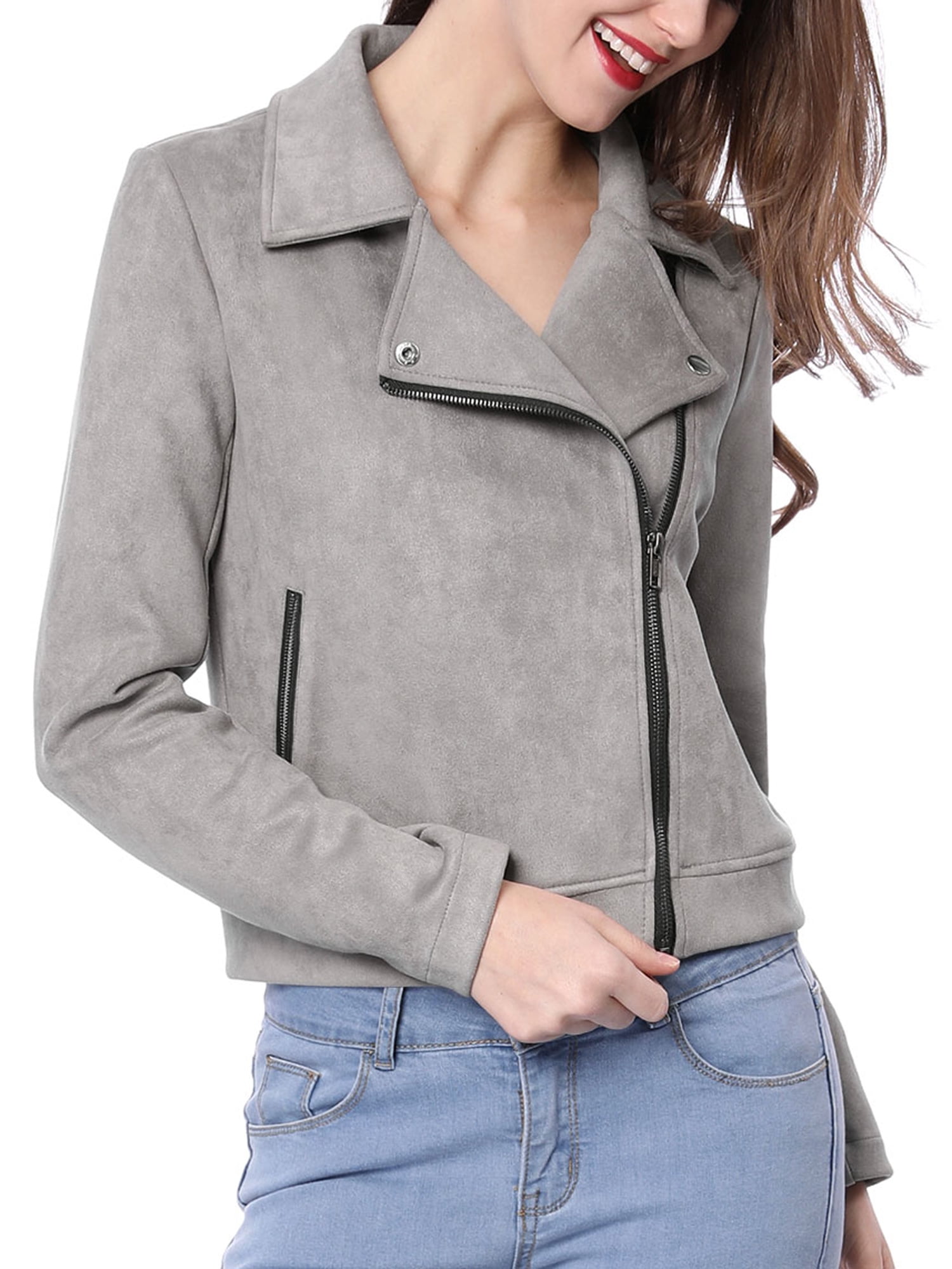 MODA NOVA Juniors Faux Suede Long Sleeve Zip Up Moto Biker Jacket
