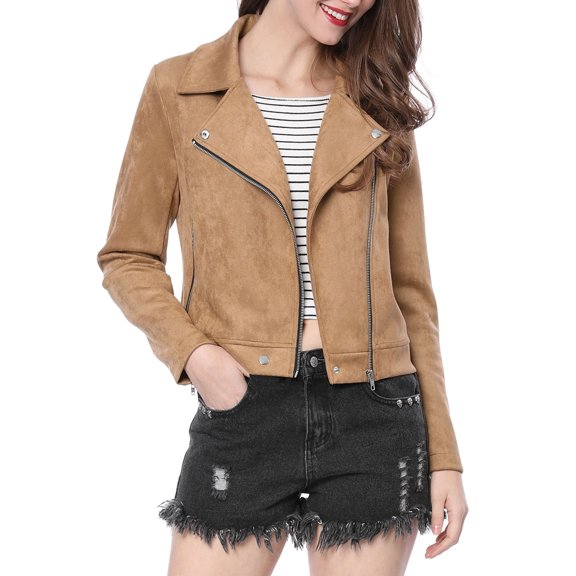 MODA NOVA Juniors Faux Suede Long Sleeve Zip Up Moto Biker Jacket