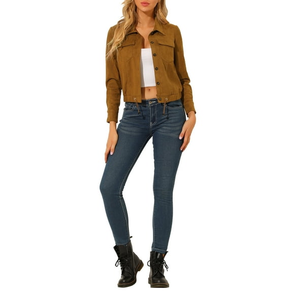 MODA NOVA Juniors Faux Suede Point Collar Button Down Cropped Motorcycle Jacket