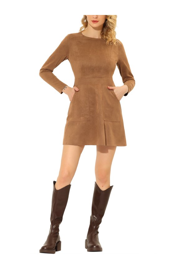 Juniors Faux Suede Round Neck Long Sleeve Pockets A-Line Mini Dress