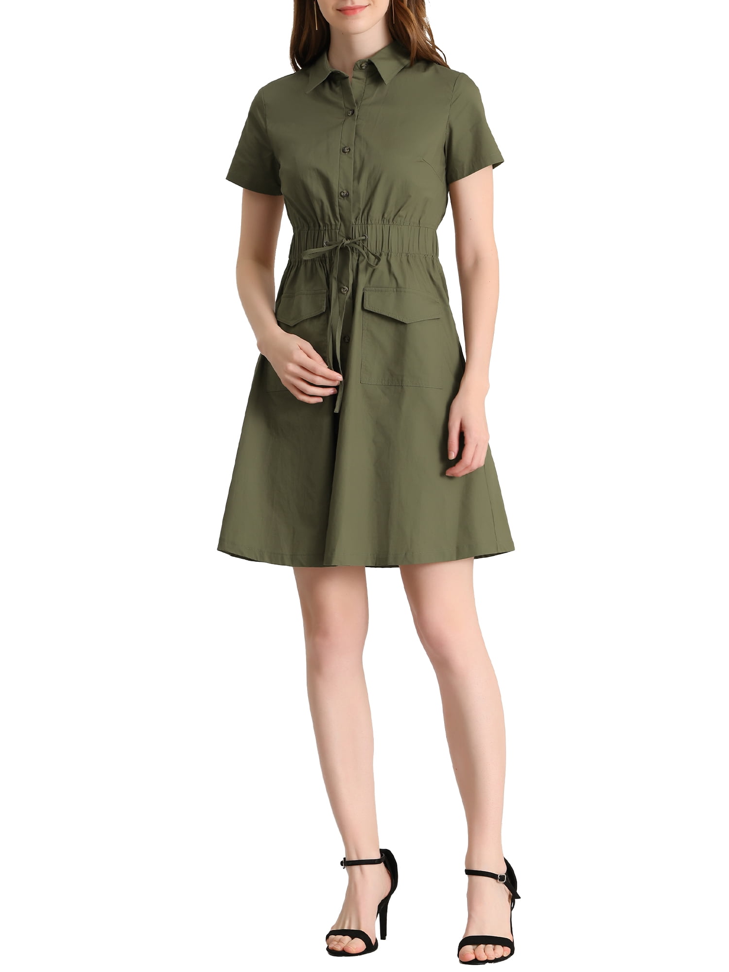 Inspire Chic Women's Fit and Flare Collar Pocket Elastic Waist Mini Dress Inspire Chic Women's Fit and Flare Collar Pocket Elastic Waist Mini Dress