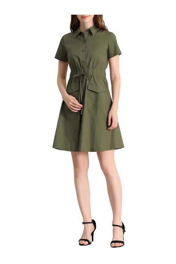 Juniors Fit and Flare Collar Pocket Elastic Waist Mini Dress
