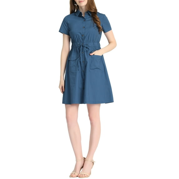MODA NOVA Juniors Fit and Flare Collar Pocket Elastic Waist Mini Dress