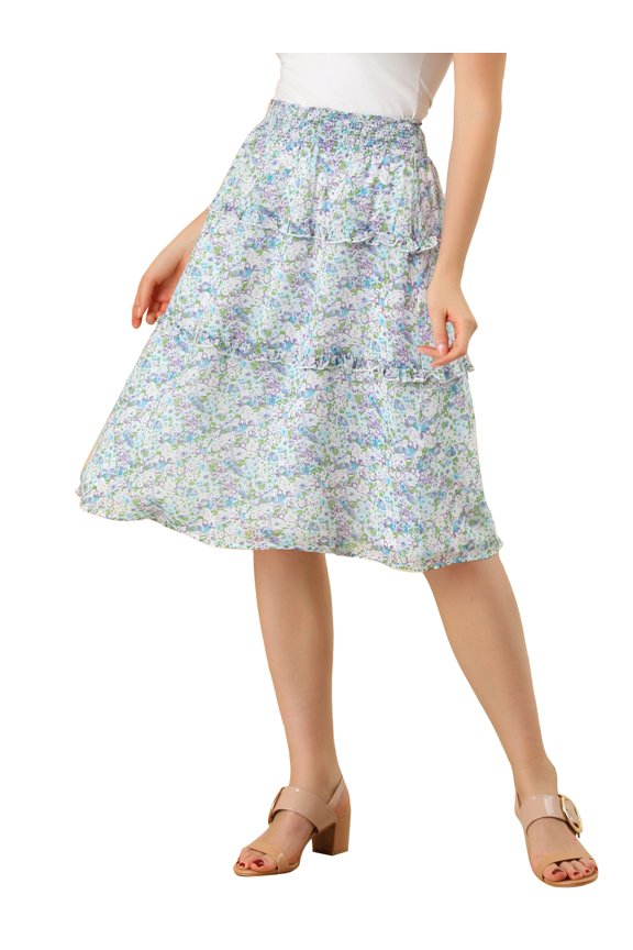 Juniors Floral Chiffon Elastic Waist Layer Ruffle Hem Midi Skirt