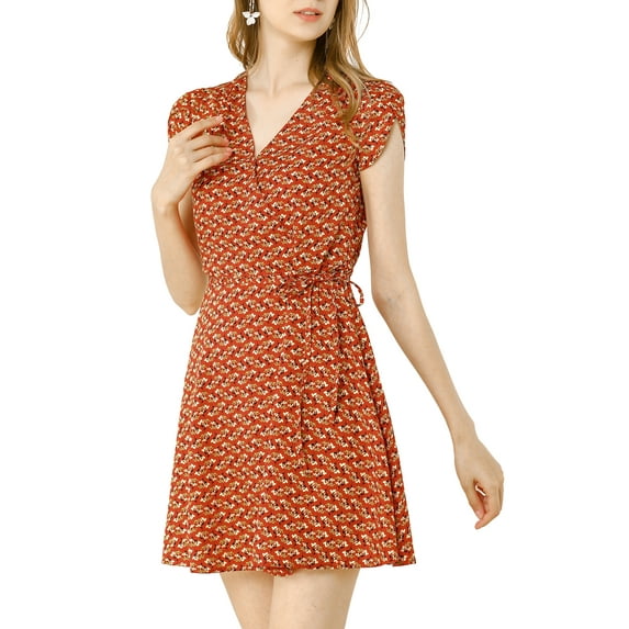 MODA NOVA Juniors Floral Crossover V Neck Petal Sleeves Belted Dress Red S