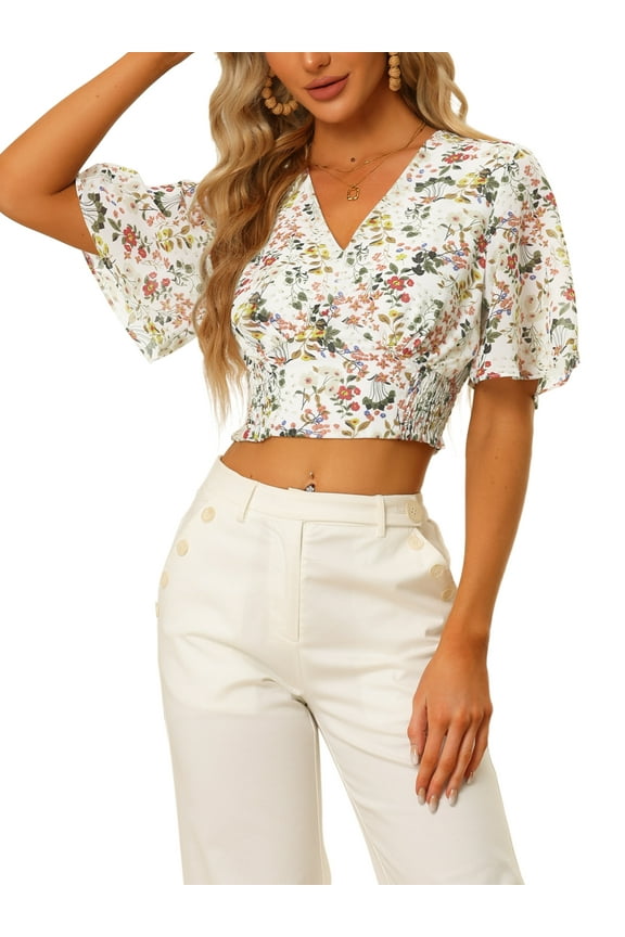 Juniors Floral Flare Short Sleeve V Neck Smocked Crop Tops