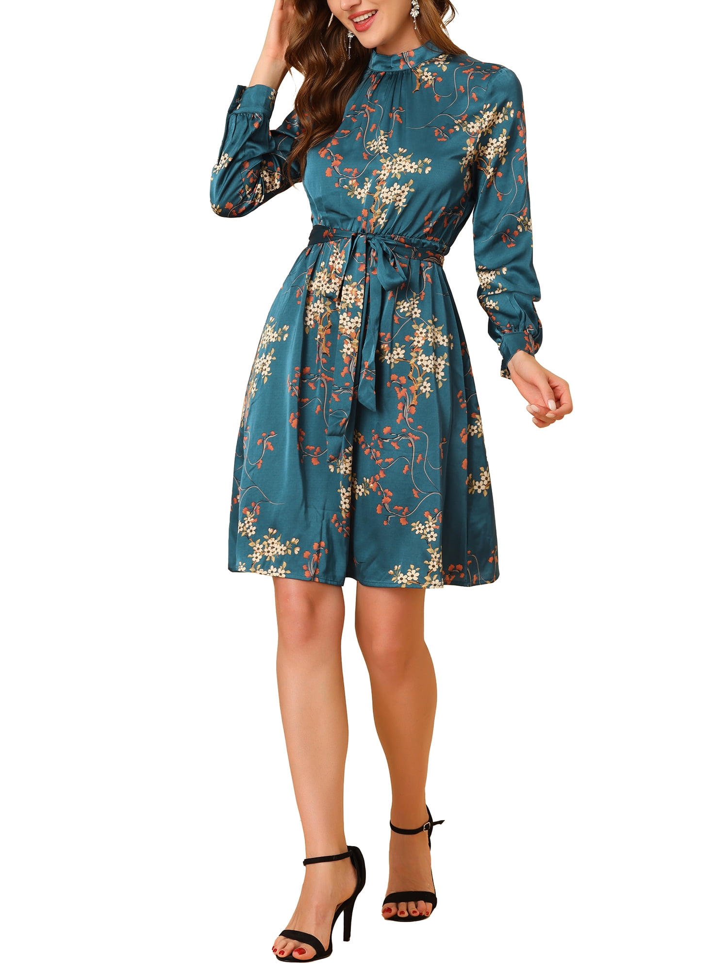 MODA NOVA Juniors Casual Floral Mini Dress, Mock Neck, Tie Waist, Long  Sleeve, Dark Green - Walmart.com