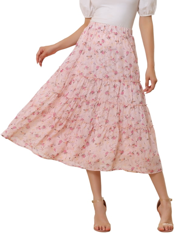 Juniors Floral Print Elastic Waist Ruffle Maxi Tiered Skirt