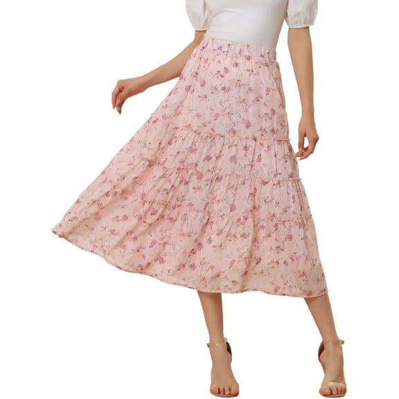 MODA NOVA Juniors Floral Print Elastic Waist Ruffle Maxi Tiered Skirt