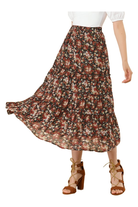 Juniors Floral Print Elastic Waist Ruffle Maxi Tiered Skirt