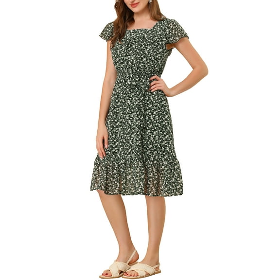 MODA NOVA Juniors Floral Print Flutter Sleeves Square Neck Ruffled Hem Dress