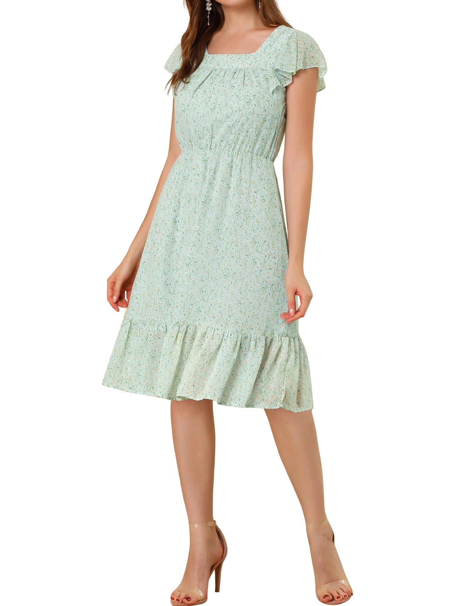 MODA NOVA Juniors Floral Print Flutter Sleeves Square Neck Ruffled Hem ...