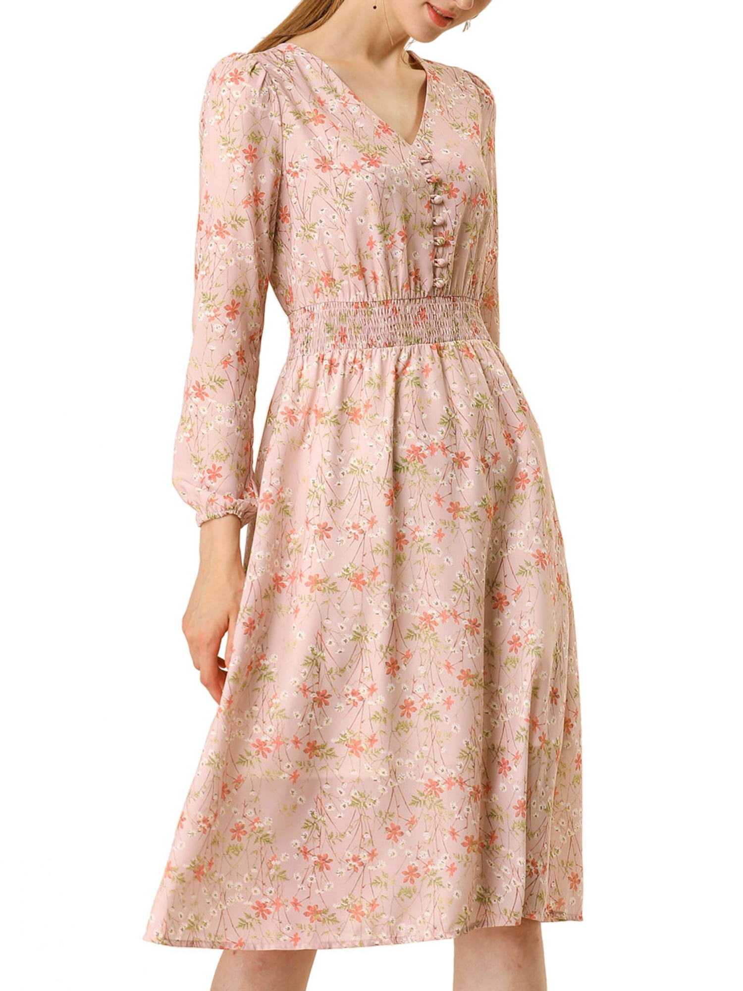 MODA NOVA Juniors Floral Print Swing Long Sleeve V-Neck Midi Dress -  Walmart Business Supplies