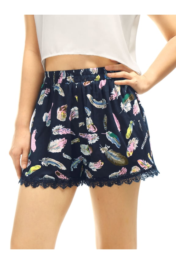 Juniors Floral Printed Lace Trim Elastic Waist Shorts
