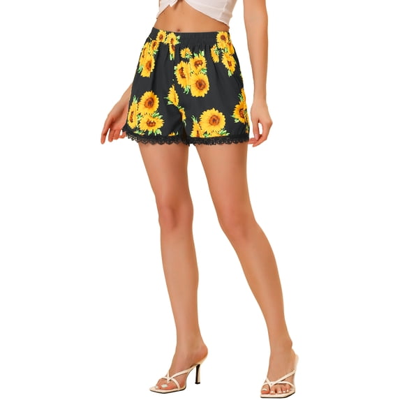 REFINED ATTIRE Juniors Floral Printed Lace Trim Elastic Waist Shorts