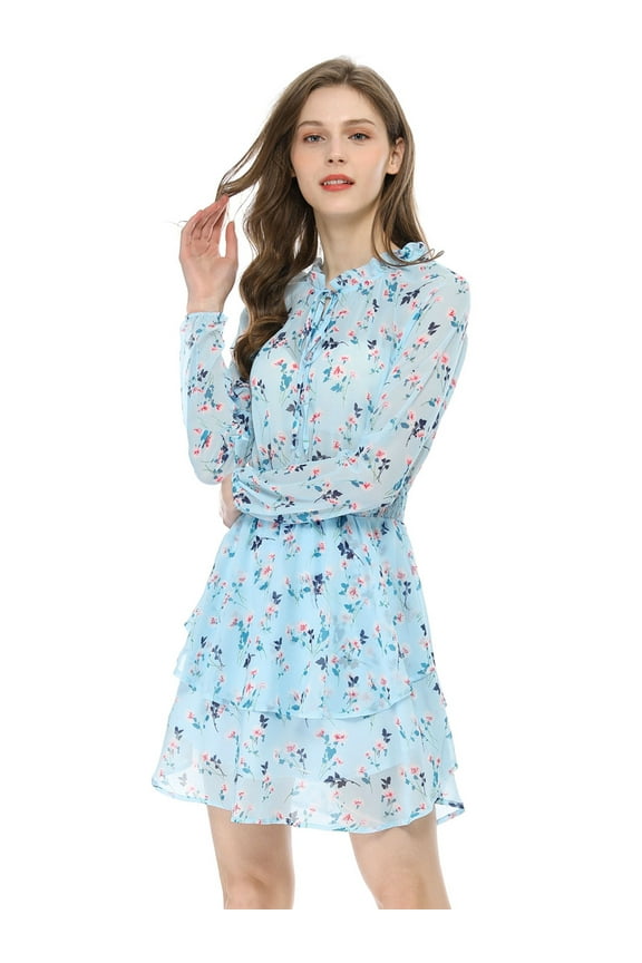 Juniors Floral Printed Smocked Waist V Neck Long Sleeve Chiffon Dresses
