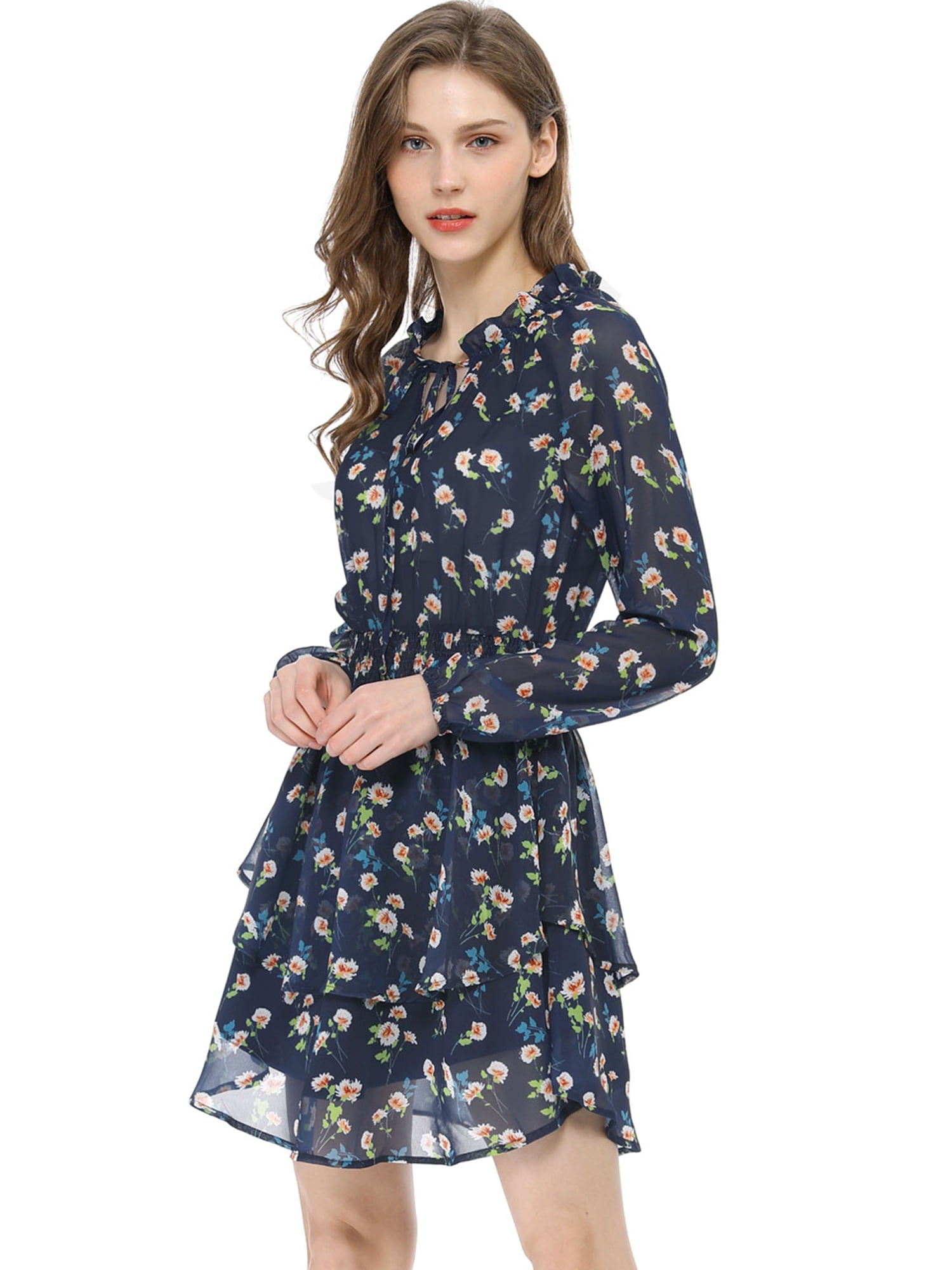 MODA NOVA Juniors Floral Printed Smocked Waist V Neck Long Sleeve Chiffon Dresses Walmart