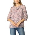 thumbnail image 1 of MODA NOVA Juniors Floral Round Neck Ruffled 3/4 Sleeves Flowy Chiffon Blouse, 1 of 6