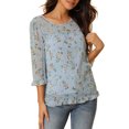 thumbnail image 1 of MODA NOVA Juniors Floral Round Neck Ruffled 3/4 Sleeves Flowy Chiffon Blouse, 1 of 7