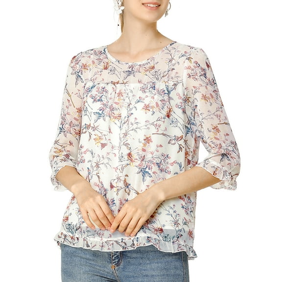 MODA NOVA Juniors Floral Round Neck Ruffled 3/4 Sleeves Flowy Chiffon Blouse
