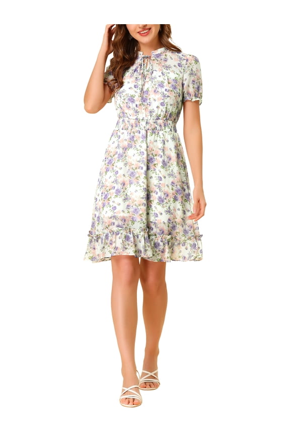 Juniors Floral Ruffle Hem Short Sleeve A-Line Smocked Chiffon Dress