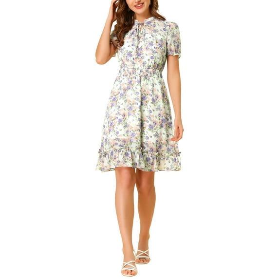 MODA NOVA Juniors Floral Ruffle Hem Short Sleeve A-Line Smocked Chiffon Dress