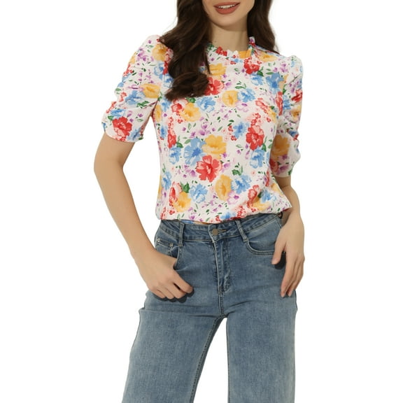 MODA NOVA Juniors Floral Ruffle Mock Neck Puff Half Sleeves Chiffon Top