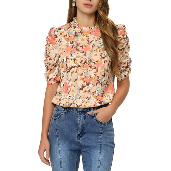 MODA NOVA Juniors Floral Ruffle Mock Neck Puff Half Sleeves Chiffon Top
