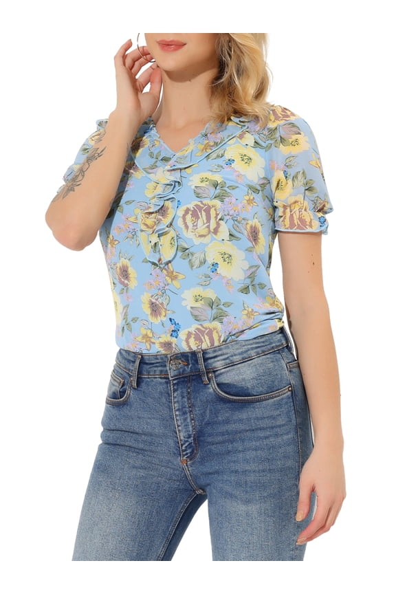Juniors Floral Ruffle V Neck Puff Short Sleeves Blouse Top