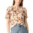 thumbnail image 1 of MODA NOVA Juniors Floral Ruffled Short Sleeve Ruffle Neck Casual Blouses Beige S, 1 of 6