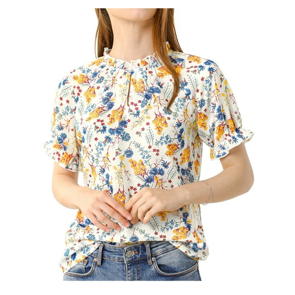 MODA NOVA Juniors Floral Ruffled Short Sleeve Ruffle Neck Casual Blouses