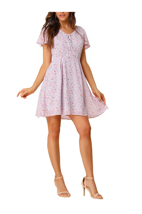 Juniors Floral V Neck Flare Short Sleeve Lace-up Zipper Chiffon Dress